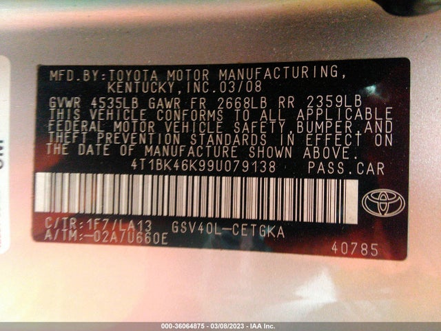 2009 TOYOTA CAMRY LE/SE/XLE VIN: 4T1BK46K99U079138