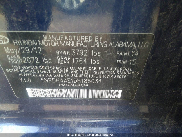 2013 HYUNDAI ELANTRA GLS VIN: 5NPDH4AE1DH185034
