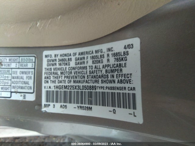 2003 HONDA CIVIC LX VIN: 1HGEM225X3L050889