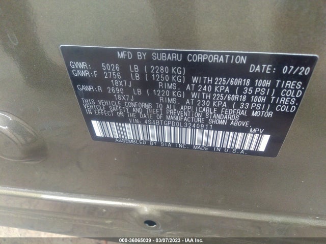 2020 SUBARU OUTBACK TOURING XT VIN: 4S4BTGPD0L3240911