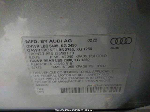 2022 Audi Q5, VIN: WA1GAAFY4N2076485