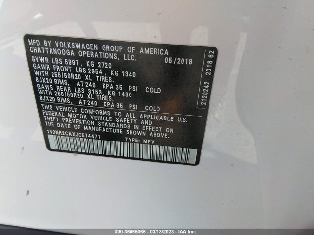 1V2NR2CAXJC574471 Volkswagen Atlas 3.6l V6 Sel Premium
