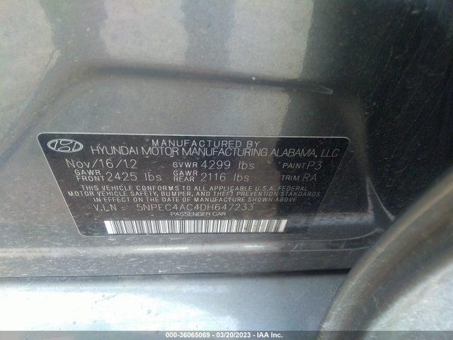 2013 HYUNDAI SONATA LIMITED VIN: 5NPEC4AC4DH647233