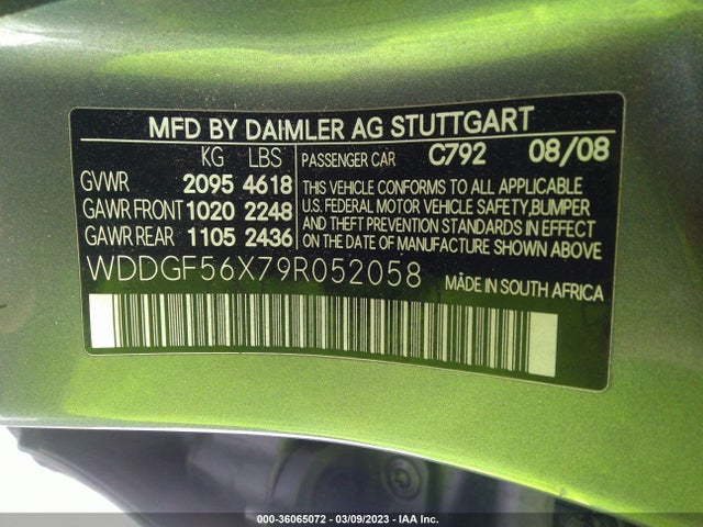 2009 MERCEDES-BENZ C-CLASS 3.5L SPORT VIN: WDDGF56X79R052058