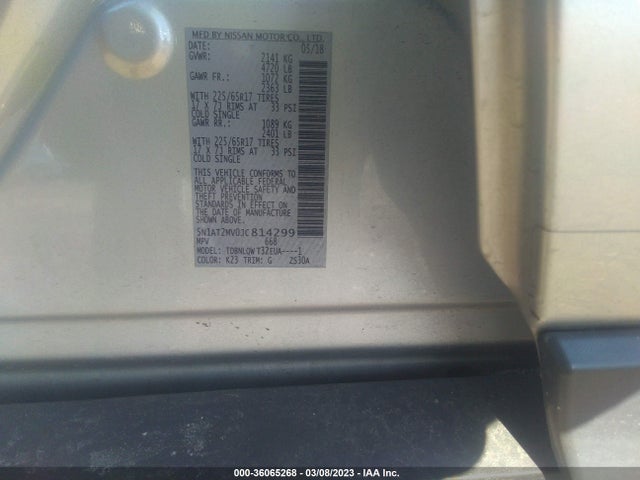 2018 NISSAN ROGUE SV VIN: 5N1AT2MV0JC814299