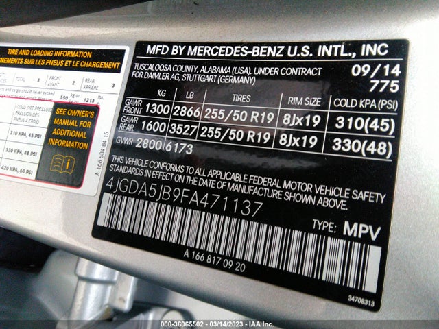 2015 MERCEDES-BENZ M-CLASS ML 350 VIN: 4JGDA5JB9FA471137