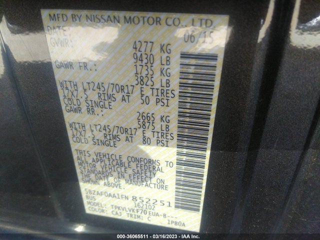 2015 Nissan NV, VIN: 5BZAF0AA1FN852251
