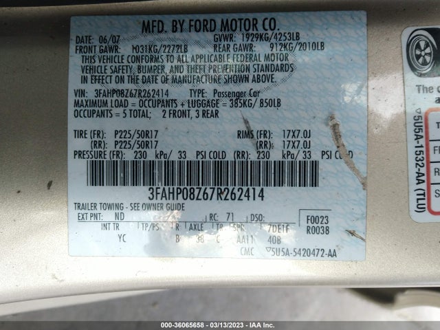 2007 FORD FUSION SEL VIN: 3FAHP08Z67R262414