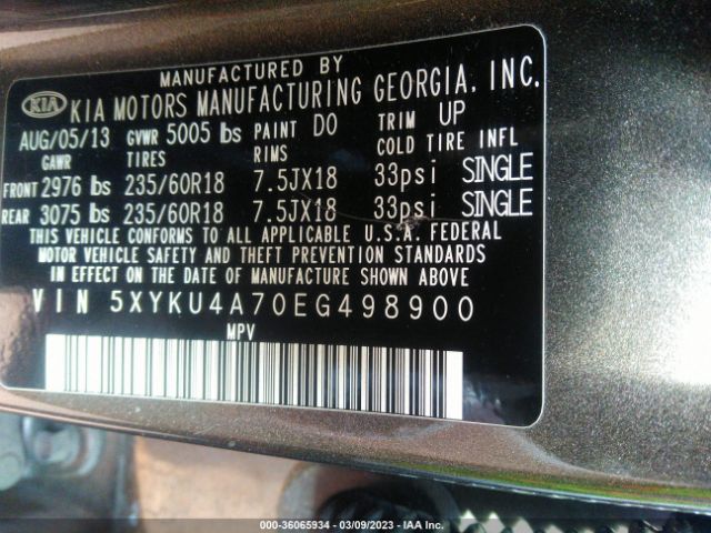 5XYKU4A70EG498900 KIA SORENTO EX