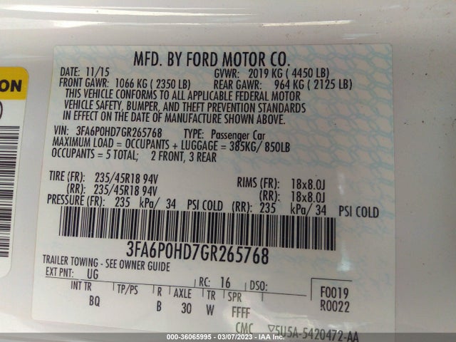 Ford FUSION SE 2016 3FA6P0HD7GR265768 Image 10