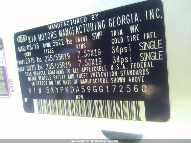 5XYPKDA59GG172560 KIA SORENTO SX