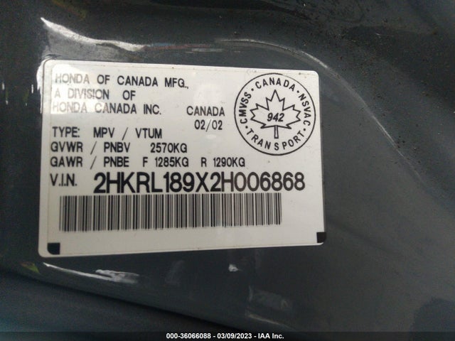 2002 HONDA ODYSSEY EX-L W/LEATHER VIN: 2HKRL189X2H006868