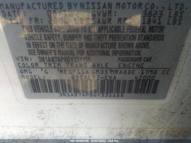 2016 NISSAN SENTRA S VIN: 3N1AB7AP8GY331155