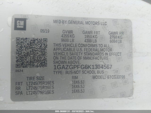 Chevrolet Express Passenger Lt 2019 1GAZGPFG6K1304567 Image 9