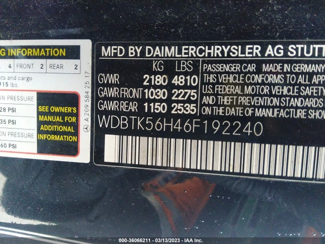 2006 MERCEDES-BENZ CLK-CLASS 3.5L VIN: WDBTK56H46F192240
