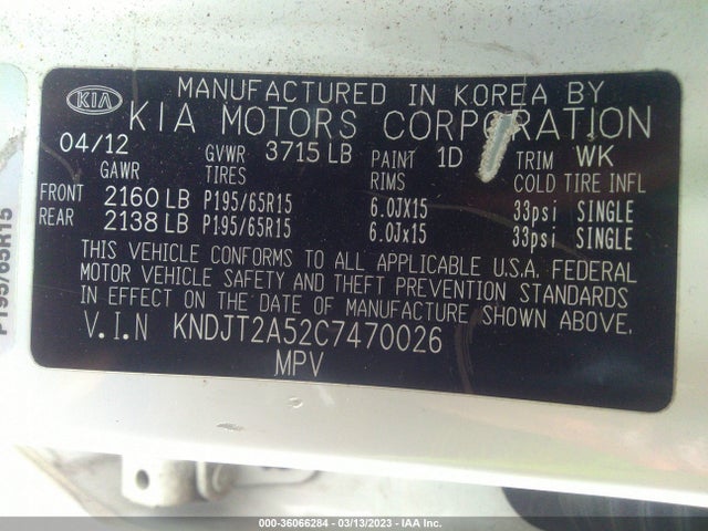 2012 KIA SOUL BASE VIN: KNDJT2A52C7470026