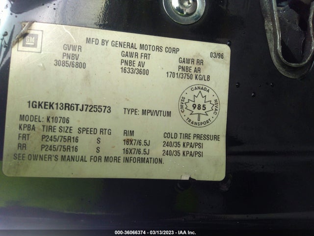 1996 GMC YUKON VIN: 1GKEK13R6TJ725573
