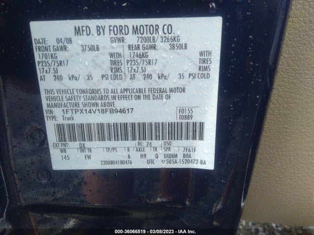 2008 FORD F-150 XLT/FX4/LARIAT/XL VIN: 1FTPX14V18FB94617