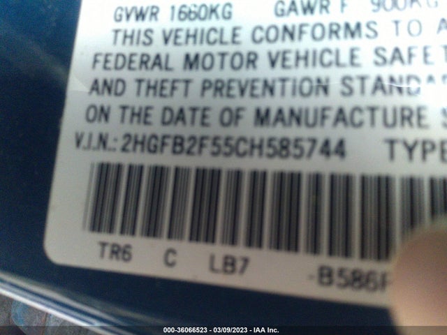 Honda Civic Sdn Lx 2012 2HGFB2F55CH585744 Image 9