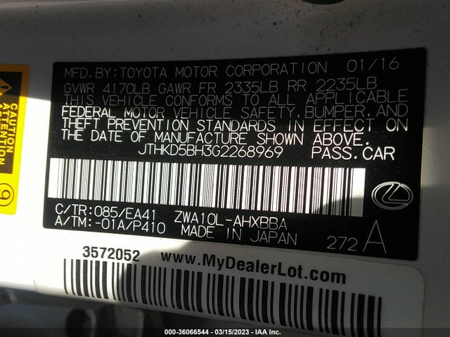 JTHKD5BH3G2268969 Lexus Ct 200h Hybrid