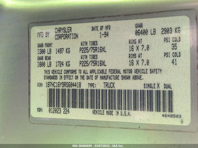 Dodge RAM 1500 1994 1B7HC16Y9RS604418 Image 11