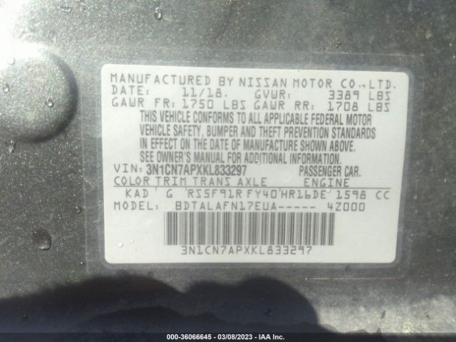 3N1CN7APXKL833297 Nissan Versa Sedan S