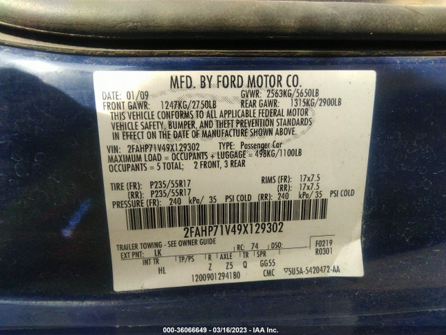 2009 FORD POLICE INTERCEPTOR VIN: 2FAHP71V49X129302