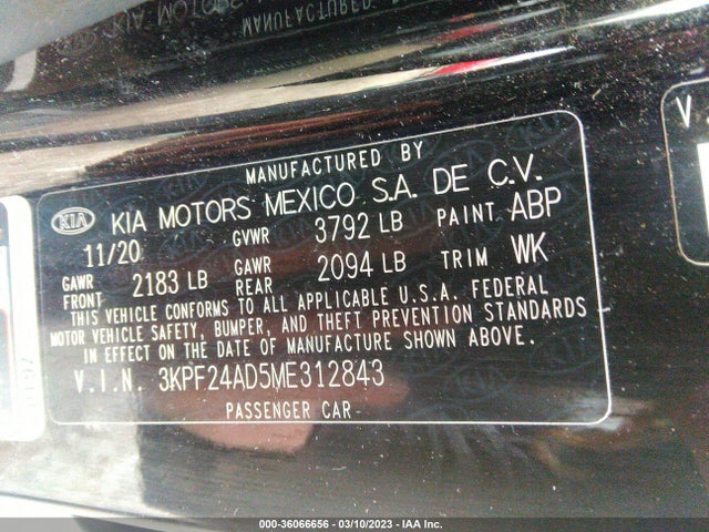 2021 KIA FORTE LXS VIN: 3KPF24AD5ME312843
