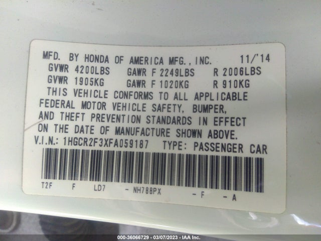 Honda Accord Sedan Lx 2015 1HGCR2F3XFA059187 Image 10