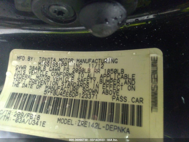 2013 TOYOTA COROLLA L/LE/S VIN: 5YFBU4EE6DP123371