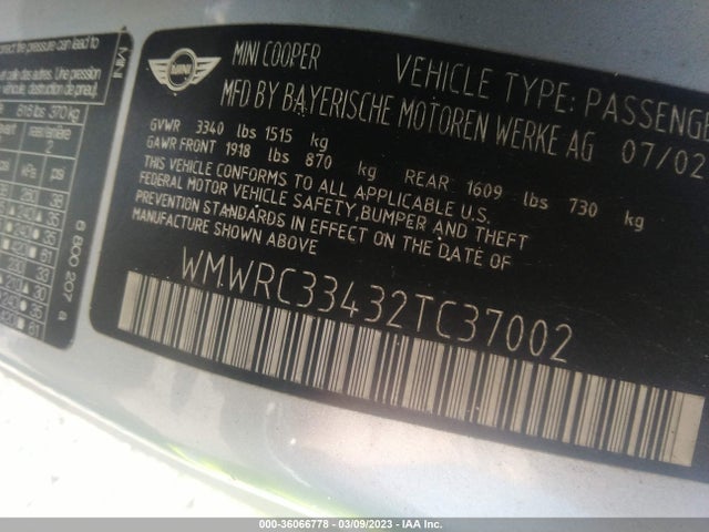 2002 MINI COOPER HARDTOP WMWRC33432TC37002 Photo 8