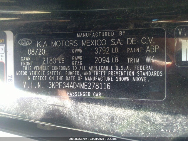 2021 KIA FORTE GT LINE VIN: 3KPF34AD4ME278116