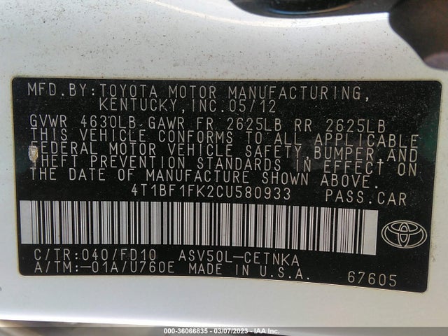 2012 TOYOTA CAMRY L/LE/SE/XLE VIN: 4T1BF1FK2CU580933