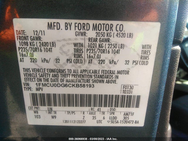 2012 FORD ESCAPE XLT VIN: 1FMCU0DG6CKB58193