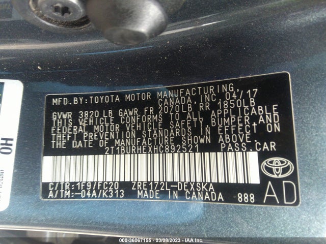 2017 TOYOTA COROLLA L/LE/XLE/SE VIN: 2T1BURHEXHC892521