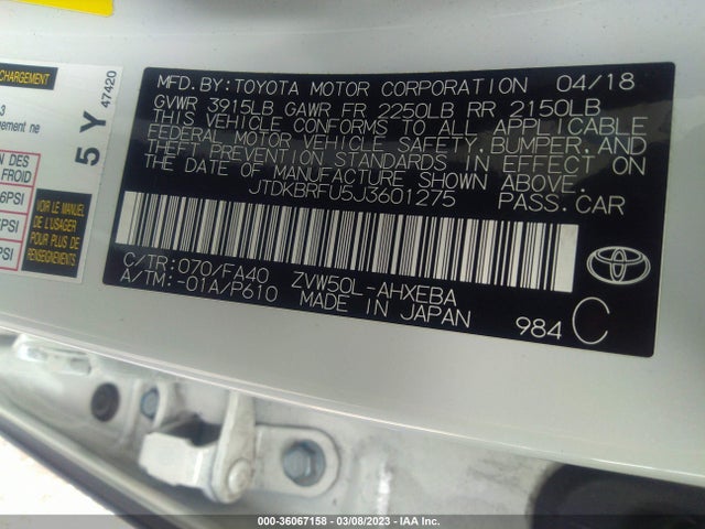 Toyota Prius Two/two Eco/three 2018 JTDKBRFU5J3601275 Image 10