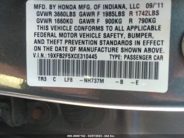 2012 HONDA CIVIC SDN LX VIN: 19XFB2F5XCE310445