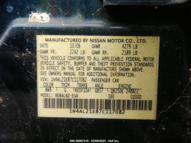 Nissan Altima 2.5 S 2007 1N4AL21E87C117082 Image 10