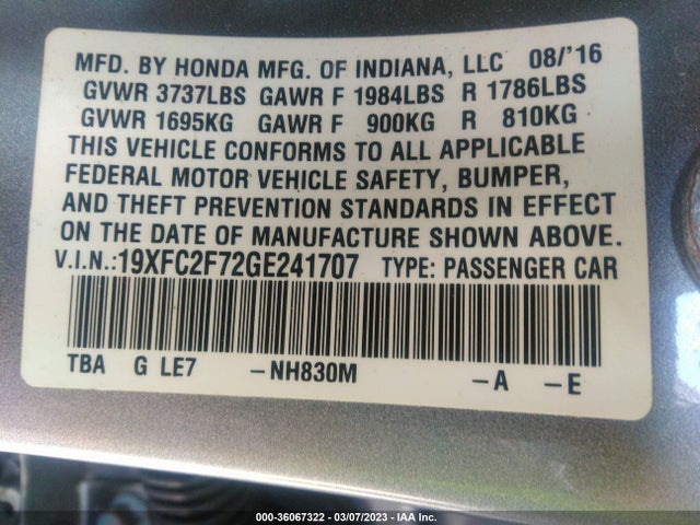 2016 HONDA CIVIC SEDAN EX VIN: 19XFC2F72GE241707