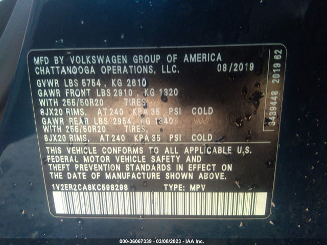 1V2ER2CA8KC598298 Volkswagen Atlas 3.6l V6 Sel