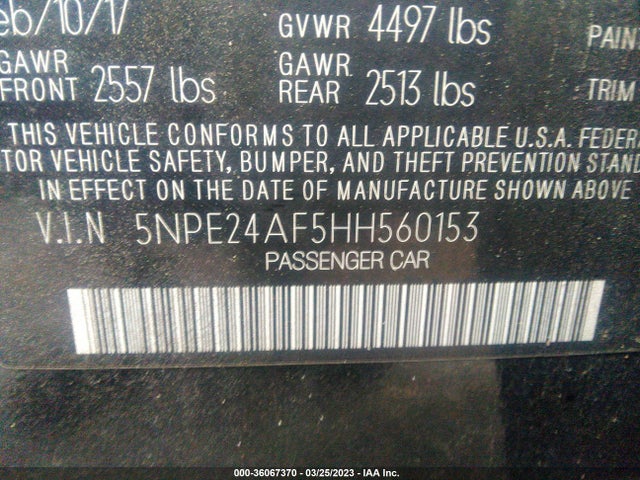 2017 HYUNDAI SONATA SE VIN: 5NPE24AF5HH560153