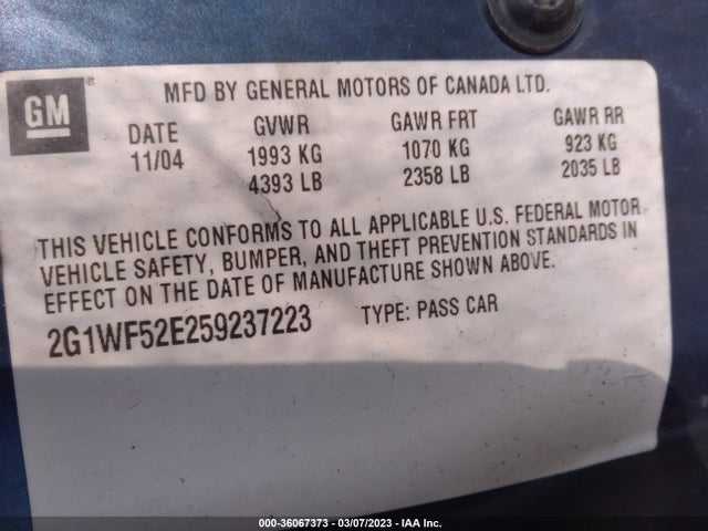 2005 CHEVROLET IMPALA BASE VIN: 2G1WF52E259237223