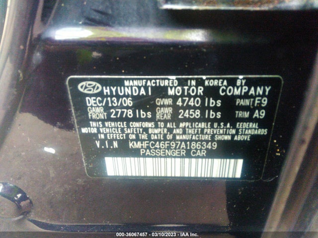2007 HYUNDAI AZERA SE/LIMITED VIN: KMHFC46F97A186349