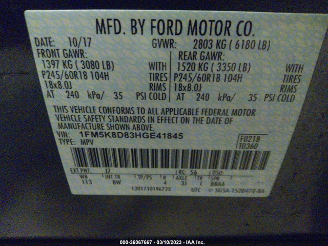 Ford EXPLORER XLT 2017 1FM5K8D83HGE41845 Image 10