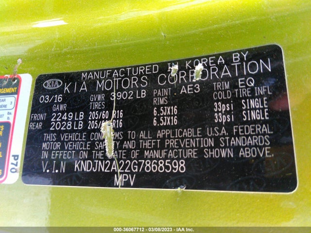 36067712 :رقم المزاد ، KNDJN2A22G7868598 vin ، 2016 Kia Soul Base مزاد بيع