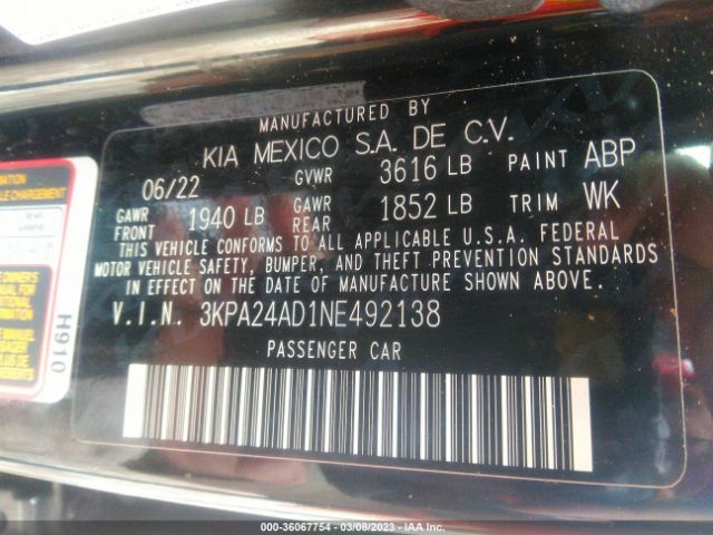3KPA24AD1NE492138 KIA RIO S