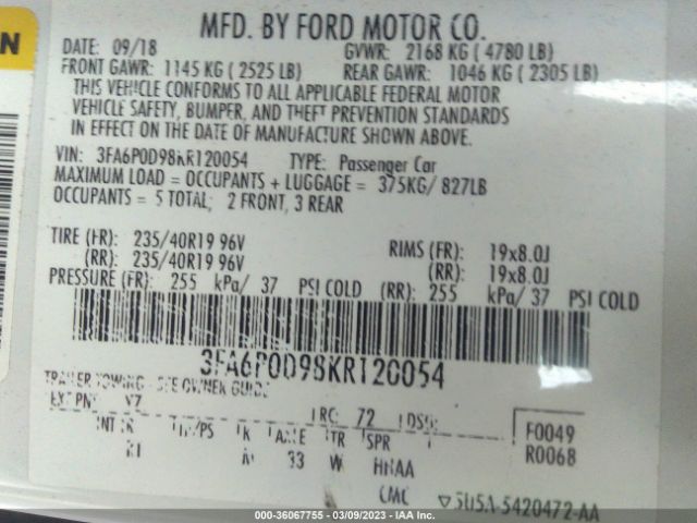 3FA6P0D98KR120054 Ford Fusion Titanium
