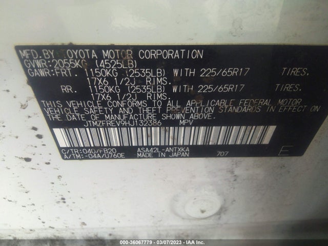 2017 TOYOTA RAV4 LE VIN: JTMZFREV9HJ132386