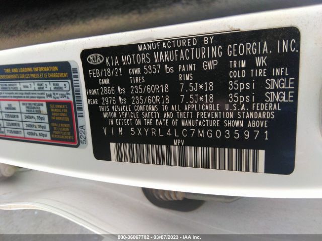 5XYRL4LC7MG035971 KIA SORENTO S
