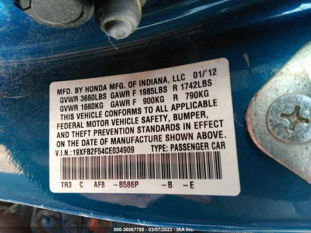 2012 HONDA CIVIC SDN LX VIN: 19XFB2F54CE034909